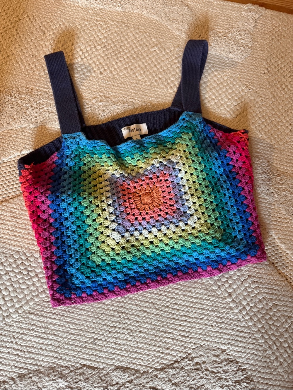 pistola Multicolor Crochet Square Crop Top with Navy Straps